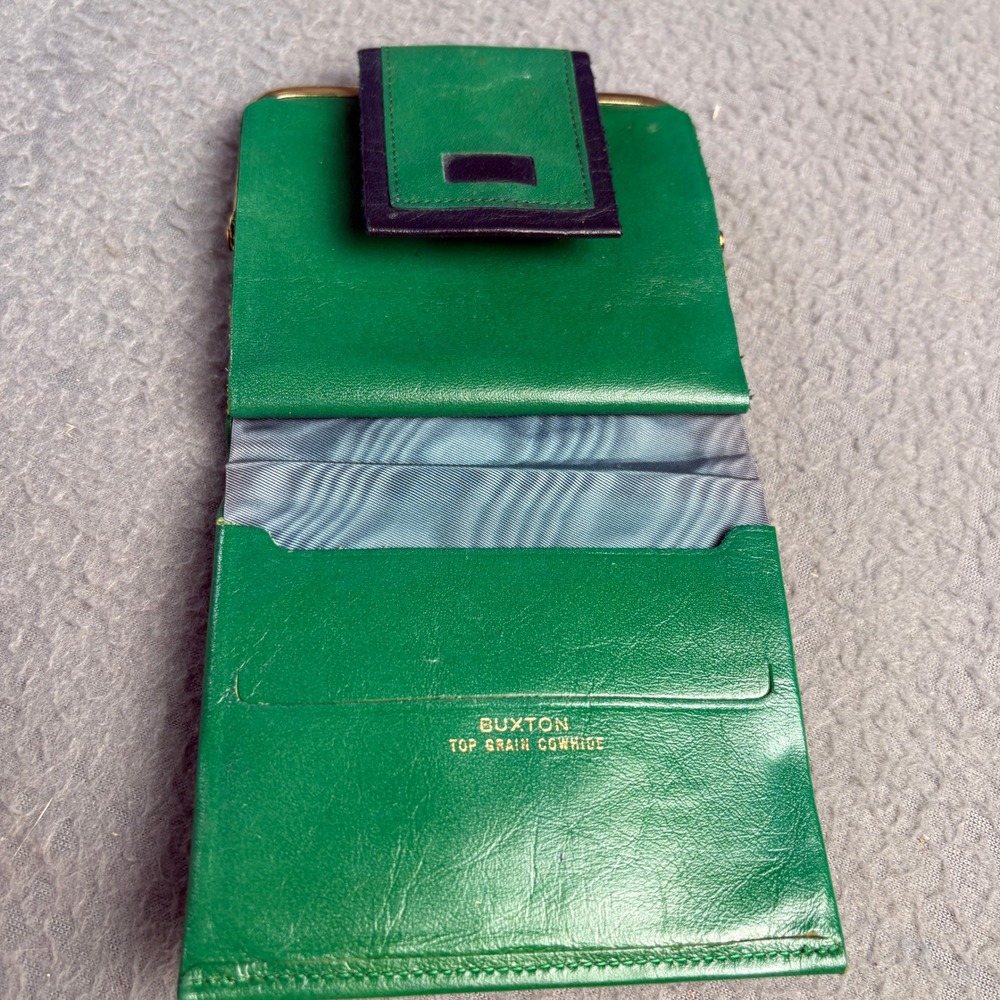 Vintage Buxton Green Top Grain Cowhide Leather Kiss Lock Bi-Fold Wallet